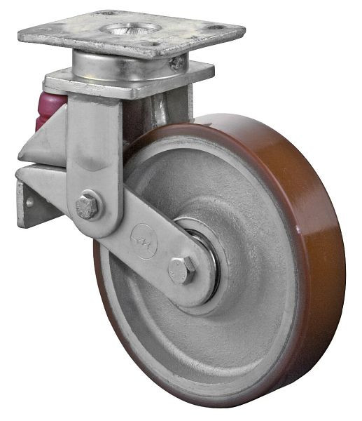 BS Rollen Gefederte Schwerlastrolle, Breite 50 mm, Ø200 mm, bis 600 kg, Lauffläche Guss-Polyurethan 95 Shore A, Radkörper Guss, Kugellager, T100.C10.200