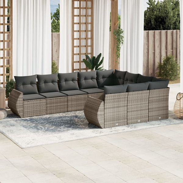 vidaXL 10-teilig Garten-Sofagarnitur mit Kissen Grau Poly Rattan, 3254227