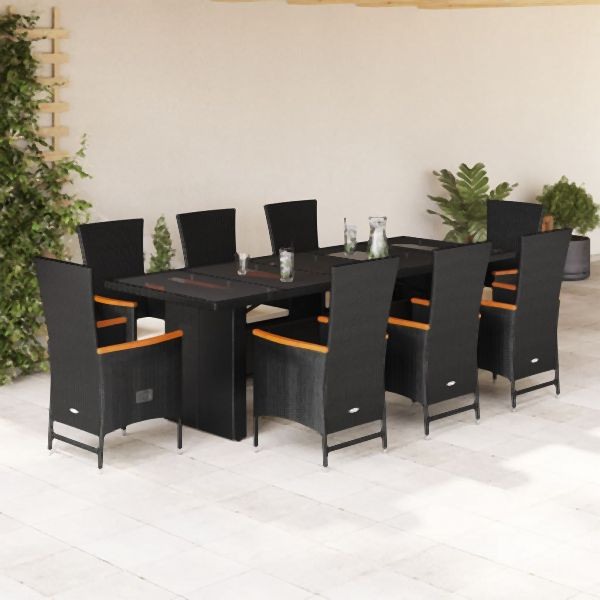 vidaXL 9-tlg. Garten-Essgruppe mit Kissen Schwarz Poly Rattan, 3277533