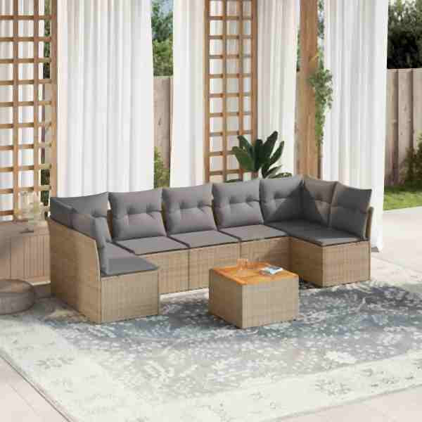 vidaXL 8-tlg. Garten-Sofagarnitur mit Kissen Beige Poly Rattan, UV-beständig, 3223574