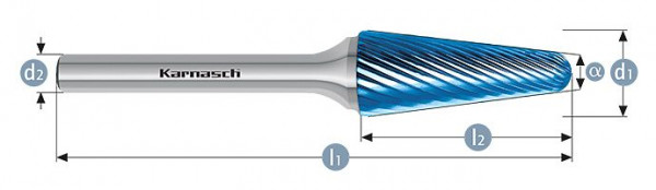 Karnasch Hartmetall-Frässtift Blue-Tec beschichtet KEL/ HP-2 d1=6 / l2=18 / d2=6/ l1=50mm, VE: 3 Stück, 115080020