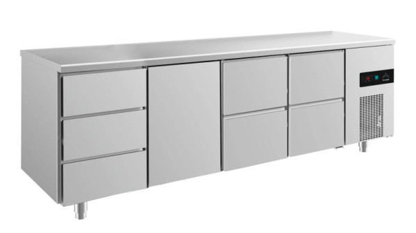 A&S Polarny Kühltisch -2 bis +8°C mit 1x Tür mittig-links, 2x zwei Schubladen und 1x drei Schubladen links, 2330 x 700 x 850 mm, KT4DTZZ