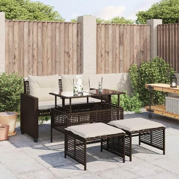 vidaXL 4-tlg. Garten-Sofagarnitur mit Kissen Braun Poly Rattan Glas, UV-beständig, 368135