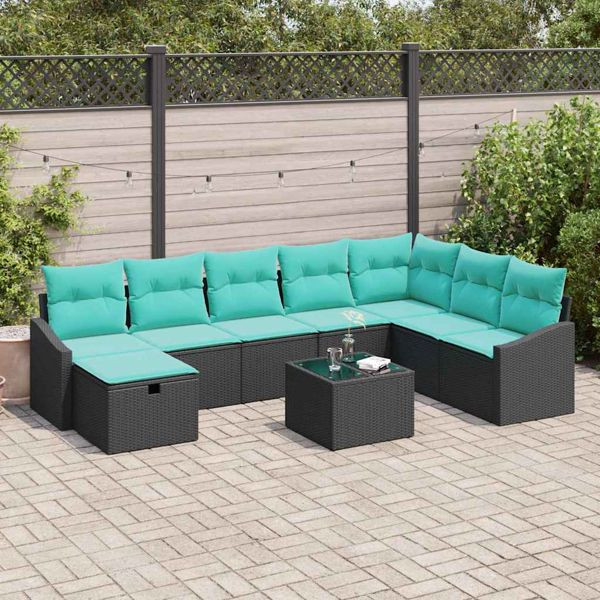 vidaXL Garten-Sofa-Set mit Kissen 9-teilig Schwarz Poly Rattan, 3359345