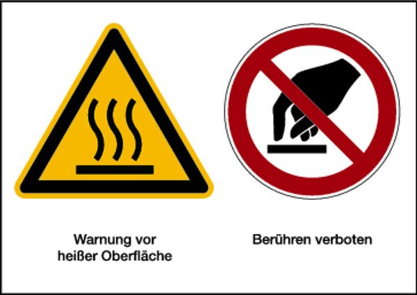 Schilder Klar Warnzeichen Kombischild Heiße Oberfläche / Berühren verboten, 210x148 mm Folie selbstklebend, 7147/63