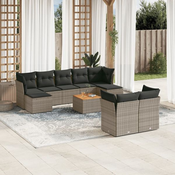 vidaXL 10-teilig Garten-Sofagarnitur mit Kissen Grau Poly Rattan, 3256207