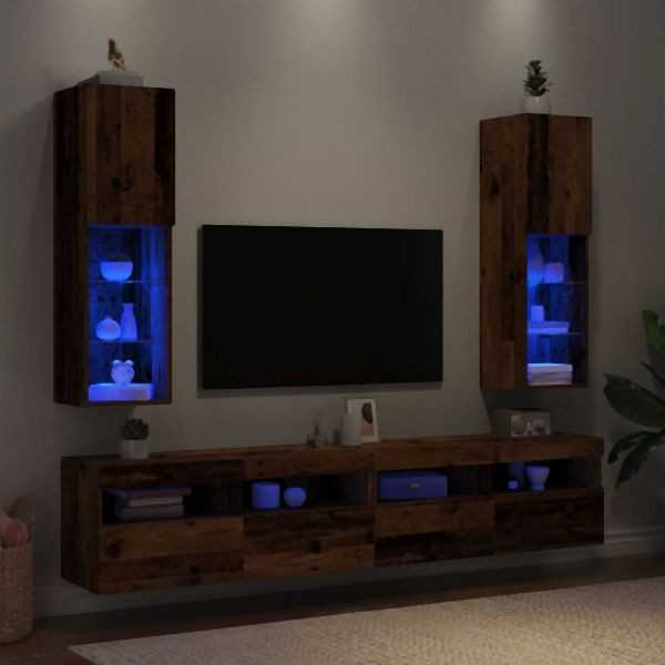vidaXL TV-Schränke mit LED-Leuchten 2 Stk. Altholz-Optik 30,5x30x102cm, 857677