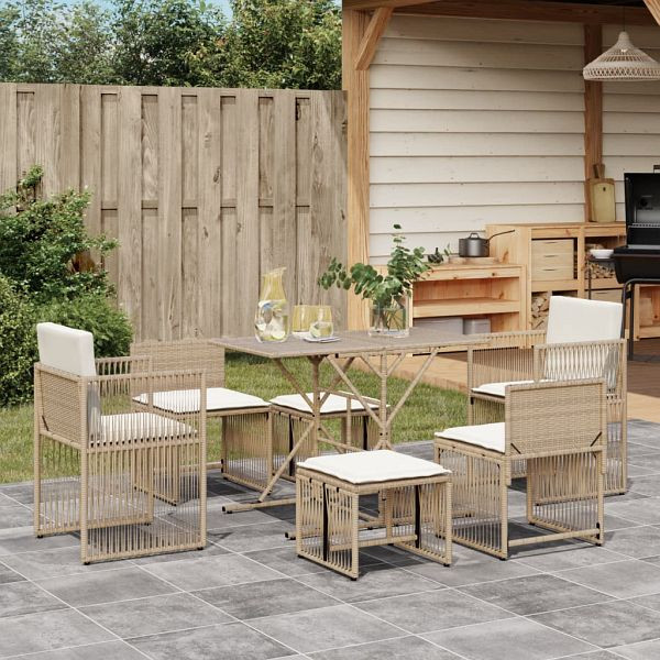 vidaXL 7-tlg. Garten-Essgruppe mit Kissen Beige Poly Rattan, 369013