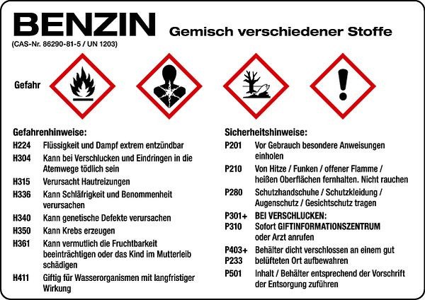 Schilder Klar Gefahrengutkennzeichnung GHS-Gefahrstoffetiketten: Benzin, 105x74 mm Folie selbstklebend, 508/31