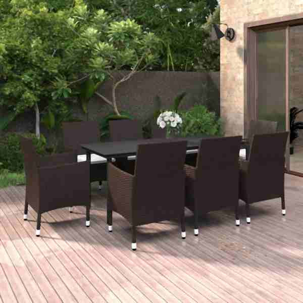 vidaXL 9-tlg. Garten-Essgruppe mit Auflagen Poly Rattan und Glas, 3099678