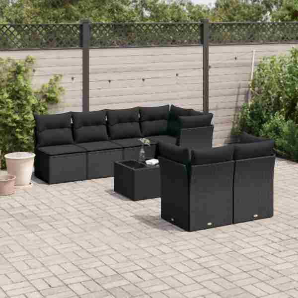vidaXL 8-tlg. Garten-Sofagarnitur mit Kissen Schwarz Poly Rattan, UV-beständig, 3249134