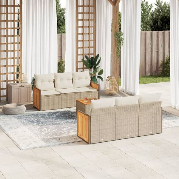 vidaXL 7-teilig Garten-Sofagarnitur mit Kissen Beige Poly Rattan, 3259874