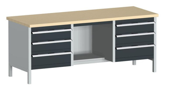 bott cubio Kastenwerkbank mit 6 Schubladen Ablage, Multiplex-Arbeitsplatte BxTxH: 2000 x 750 x 840 mm, RAL 7035/7016, 41002073.19V