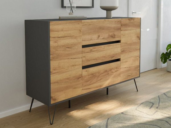 Posseik Sideboard Industrial N 140cm 3 Schubladen 2 Türen Grafit/Eiche Front, PN2091X0000019DE