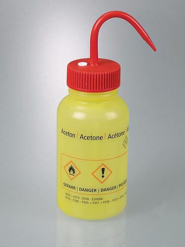 DENIOS Sicherheits-Spritzflasche aus LDPE, mit Aufdruck "Aceton", 500 ml, VE: 12 Stück, 309707