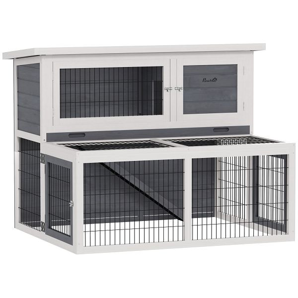 PawHut Hasenstall 2 Ebenen mit klappbar Dach Kaninchenstall aus Vollholz Winterfest Doppelstockhaus 122x95x93,5 cm, D51-466V90GY