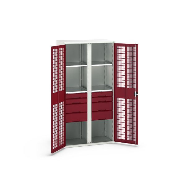bott verso Garderobenschrank mit Belüftung, mit 4 Fachböden und 8 Schubladen, BxTxH: 1050 x550 x 2000 mm, Lichtgrau / Purpurrot, 16926778.24
