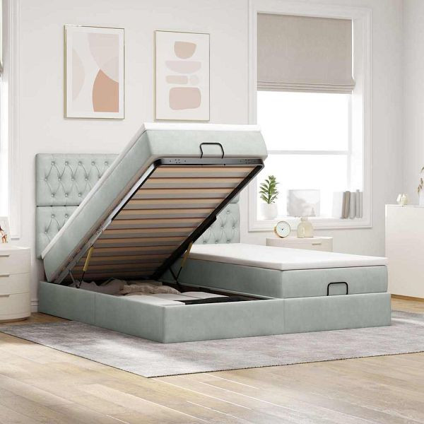 vidaXL Ottoman-Bett mit Matratzen & LEDs Hellgrau 180x200 cm Samt, 3314639