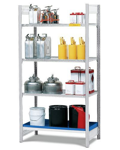 DENIOS Gefahrstoffregal GRG 1060 für entzündbare Stoffe, 1 verzinkt Wanne und 3 verzinkt Gitterroste, Grundfeld, 199560