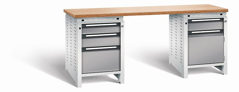 Otto Kind Werkbank Serie function Typ 303, Multiplexplatte 40 mm, bündig, 2x Unterbau + mittleres Feld, Gehäuse RAL 7035, Front RAL 7037, 072358167