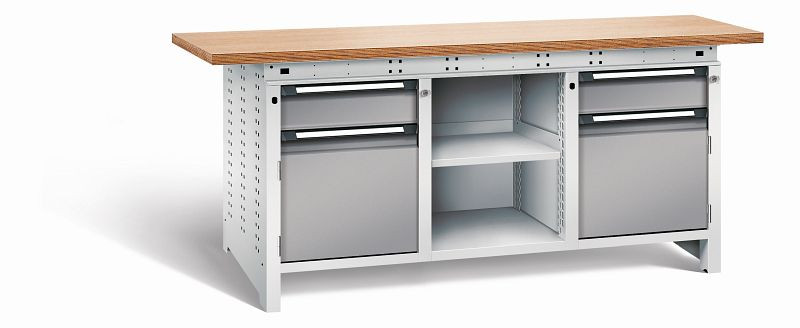 Otto Kind Werkbank Serie function Typ 308, Multiplexplatte 40 mm, überstehend, 2x Unterbau + mittleres Feld, Gehäuse RAL 7035, Front RAL 7037, 072363267