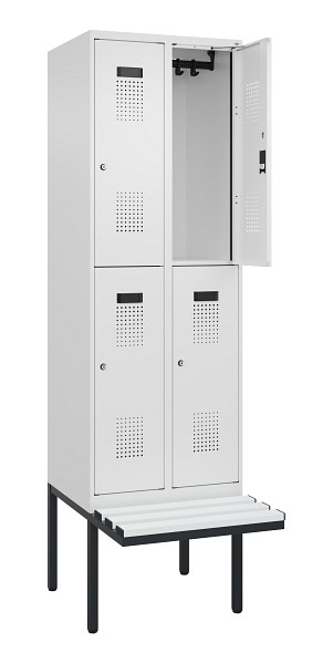 C+P Doppelstock-Spind Evolo PLUS, Bank, 4 Fächer, 2120x600x815mm, 9016/9016, Zylinderschloss, Sitzfläche Kunststoff, 0493407-20 S10134