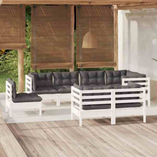 vidaXL 8-tlg. Garten-Lounge-Set mit Kissen Weiß Kiefer Massivholz, 3096515