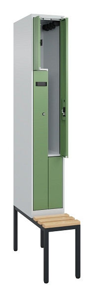 C+P Z-Spind Evolo PLUS, Bank, 2 Fächer, 2120x300x815mm, 7035/6011, Zylinderschloss, Sitzfläche Buche-Hartholz, Sitzbank, 0490537-102 S10033