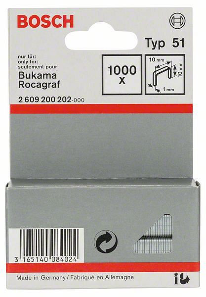 Bosch Flachdrahtklammer Typ 51, 10 x 1 x 10 mm, 1000er-Pack, 2609200202