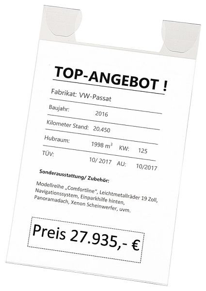 Eichner Preisblatt-Tasche A4 zur Fixierung am Innenspiegel, Format H: 345 mm x B: 211 mm, VE: 5 Stück, 9219-01056