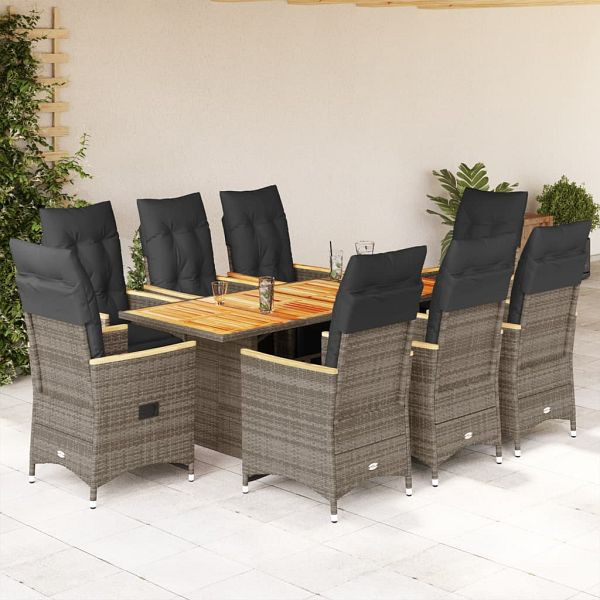 vidaXL 9-teilig Garten-Bistro-Set mit Kissen Grau Poly Rattan, 3276974