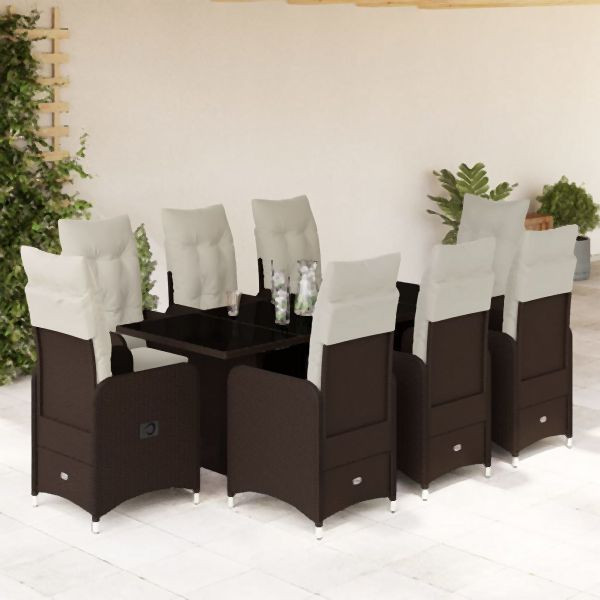 vidaXL 9-tlg. Garten-Bistro-Set mit Kissen Braun Poly Rattan, 3277074