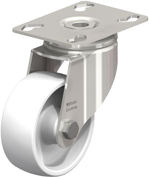 Blickle LKPXA-PO 80G Edelstahl-Apparate-Lenkrolle mit Anschraubplatte, Polyamid, Weiß, 317388