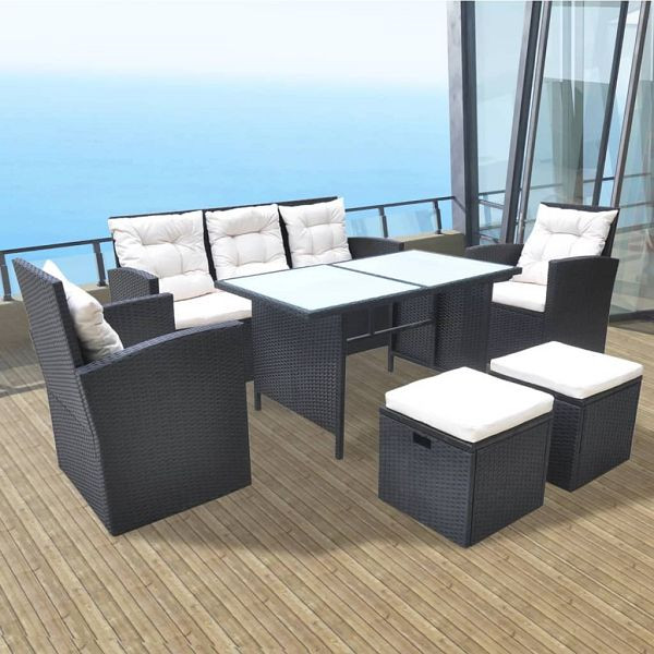 vidaXL 6-teilig Garten-Essgruppe mit Auflagen Poly Rattan Schwarz, 42643