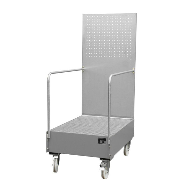 STEIN HGS Fahrbare Auffangwanne mit Lochplattenwand LPW, 215 Liter, RAL 7005 mausgrau, Höhe 2015mm, lackiert, 2x200 Liter Fass, Breite 800mm, 79205.0017