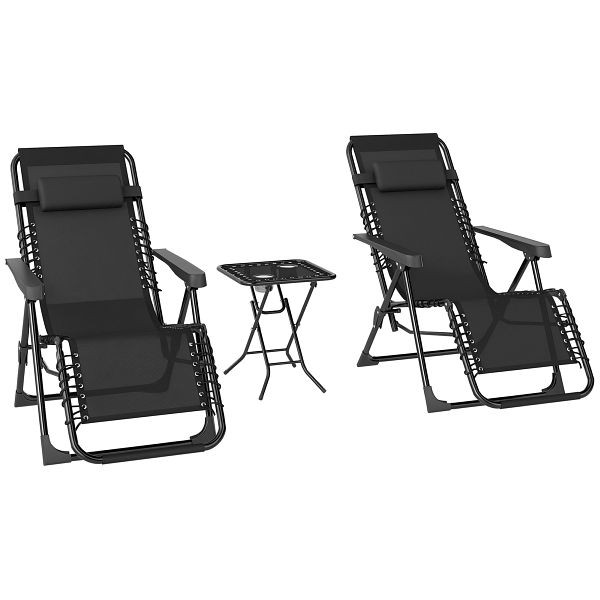 Outsunny Gartenliege Set 3-TLG. Sonnenliege mit Teetisch 2 Liegestühle Kissen, Outdoor Liege 90x56x110 cm Schwarz, 84G-718V00BK