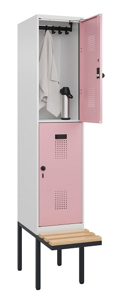 C+P Doppelstock-Spind Evolo PLUS, Bank, 2 Fächer, 2120x400x815mm, 9016/3015, Drehriegel, Sitzfläche Buche-Hartholz, 0493407-12 S10018