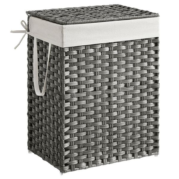 SONGMICS Handgewebter Wäschekorb, 90L synthetischer Rattan-Wäschekorb mit Deckel und Henkeln, faltbare, abnehmbare Liner-Tasche, grauer, LCB51WG