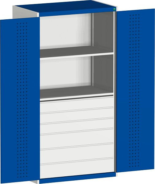 bott cubio Flügeltürschrank bestückt mit 6 Schubladen, 2 Fachböden BxTxH: 1300 x 650 x 2000 mm, RAL 7035/5010, 40022141.11V