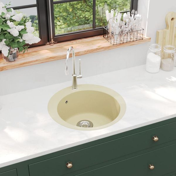 vidaXL Granitspüle Einzelbecken Rund Beige, Material: Granit, 144864