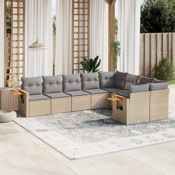 vidaXL 9-teilig Garten-Sofagarnitur mit Kissen Beige Poly Rattan, 3259546