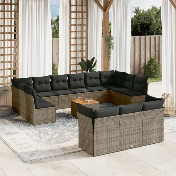 vidaXL 14-teilig Garten-Sofagarnitur mit Kissen Grau Poly Rattan, 3223925