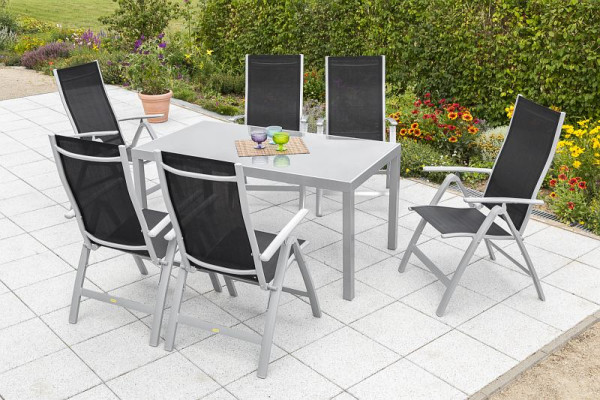 Merxx Carrara Set 7-teilig, 6 Klappsessel, Rückenlehne 5-fach verstellbar, 1 Tisch 150 x 90 cm, graue Glasplatte, silber/schwarz, 50318-219