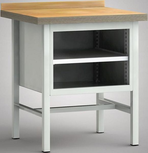 KLW Standard-Werkbank - 1500 x 700 x 900 mm L x T x H (ERGO-Version), offenes Schrankfach mit Pfostenrahmen & Fachboden, WS058E-0750M40-X7024