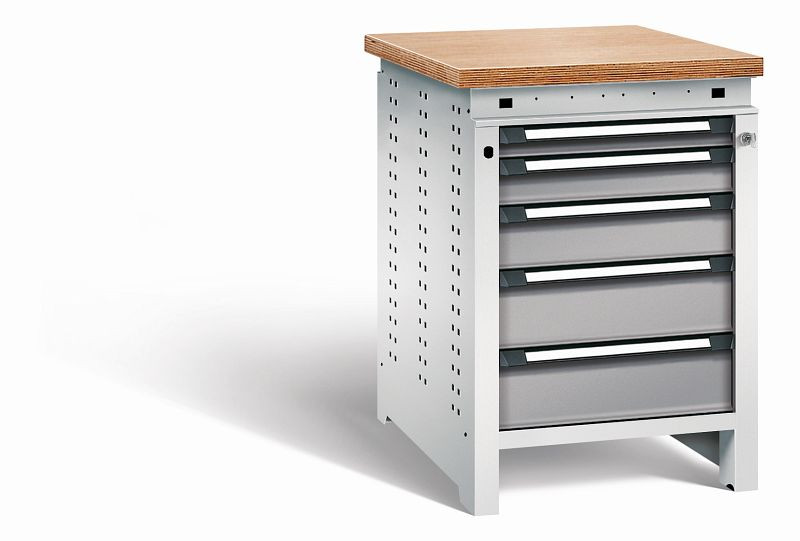 Otto Kind Werkbank Serie function Typ 109, Multiplexplatte, bündig, 5 Schubladen, mit Zentralverschluss, Gehäuse RAL 7035, Front RAL 7037, 072326167