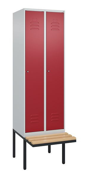 C+P Umkleidespind Classic PLUS, 2 Abteile, 2120x600x815mm, 7035/3003, Zylinderschlösser, Buche-Sitzleisten, 3 Doppel-Haken, 0800407-20 S10048