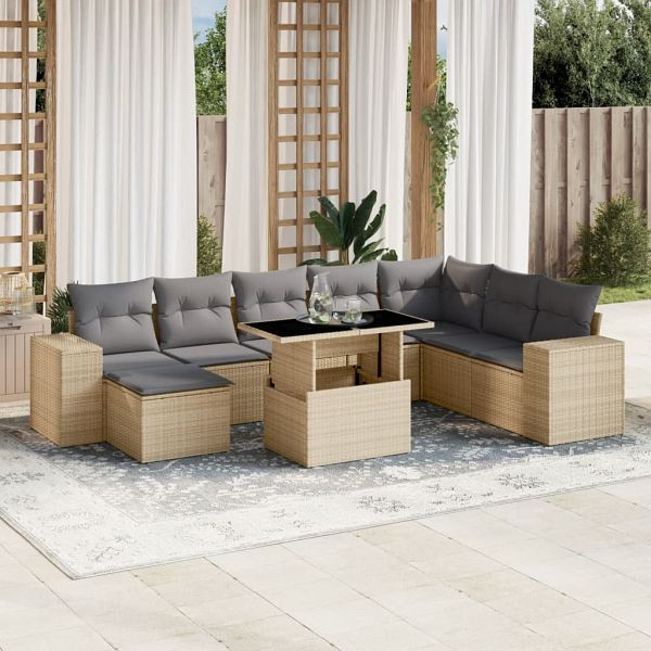vidaXL 9-tlg. Garten-Sofagarnitur mit Kissen Beige Poly Rattan, 3269359