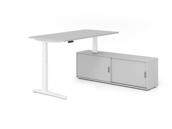 Hammerbacher Schreibtisch XBHM16, 160x80cm, Platte: Grau, 25mm dick, C-Fuß Gestell Weiß, Höhe: 65 - 129 cm, Grau / Grau, VXBHM16SB/5/W/5/5