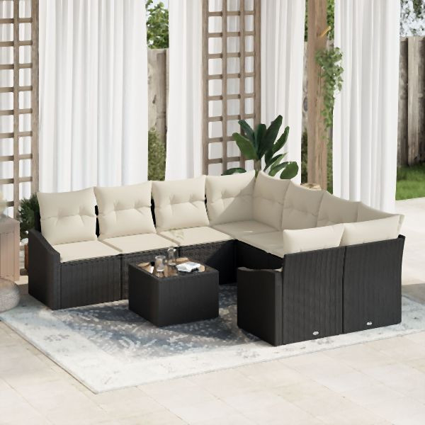 vidaXL Garten Sofa Set Set aus 9 Creme und Schwarz Rattan, Polyester, 3355326