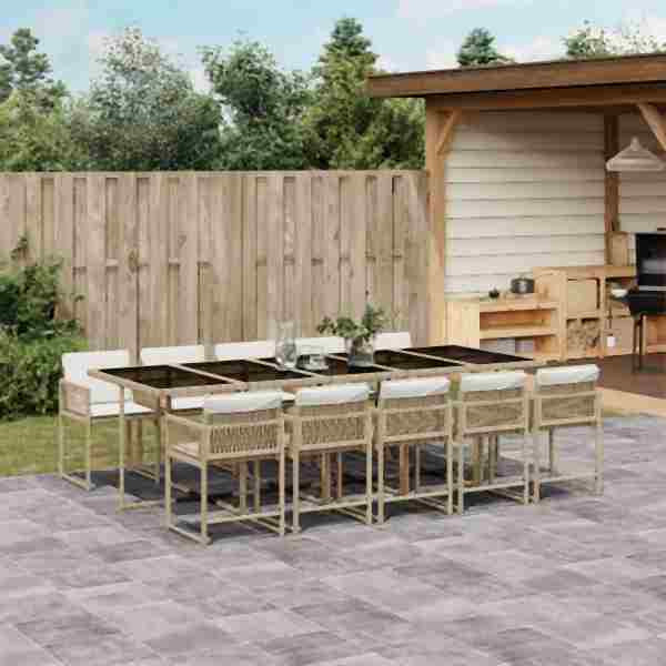 vidaXL 11-tlg. Garten-Essgruppe mit Kissen Beige Poly Rattan, UV-beständig, 3211474